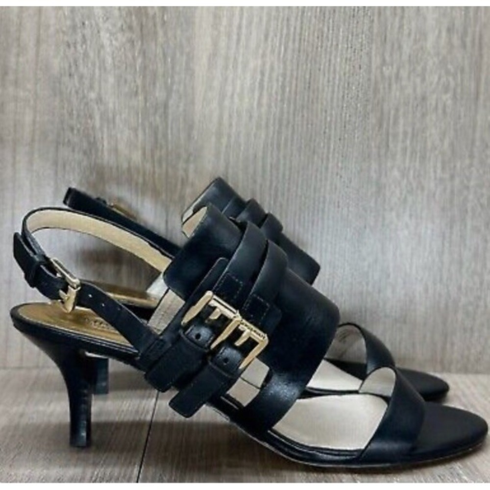 Michael Kors Sandals Sz 11 Melanie Gold Buckle Slingback Stiletto Leather Black - Picture 13 of 16